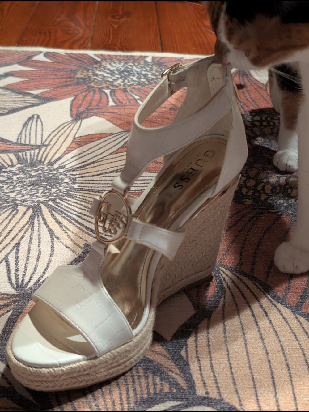 GUESS White Espadrille Wedge Sandals with Logo Accent